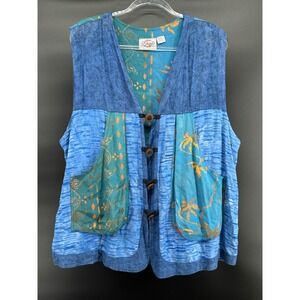 Orchid Lane Blue Patchwork Vest L/XL Boho Artsy Button Front Pockets